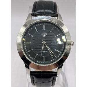 DF Men's Quartz Watch Black Leather Band Silver Tone Case- New Battery